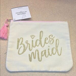 Cosmetic Bag, pink zipper & tassel, Cream bag, Gold Glitter “Brides Maid” NWT